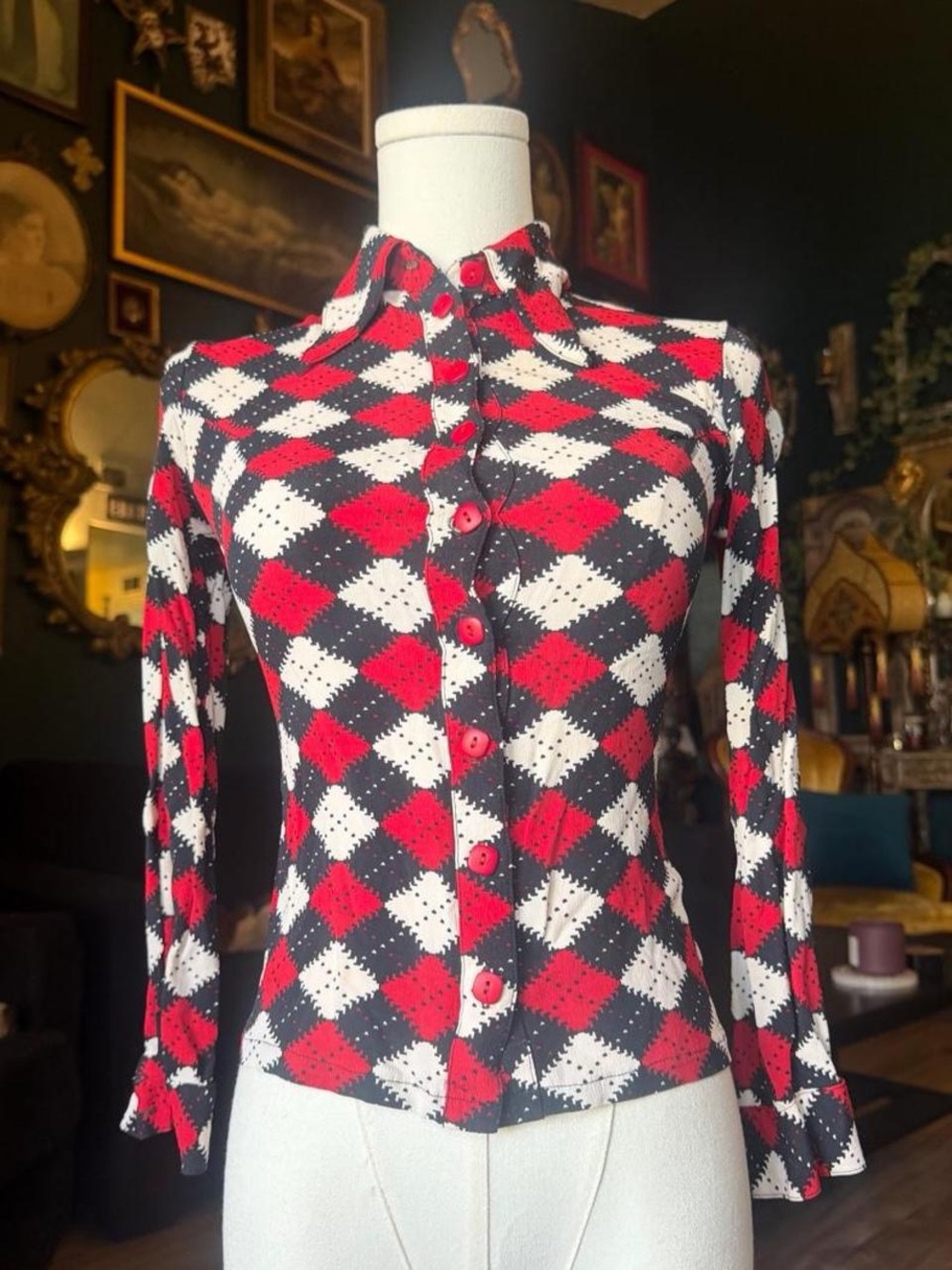 Vintage Betsey Johnson Y2K Red Black Harlequin Button-Up Top | Size Small